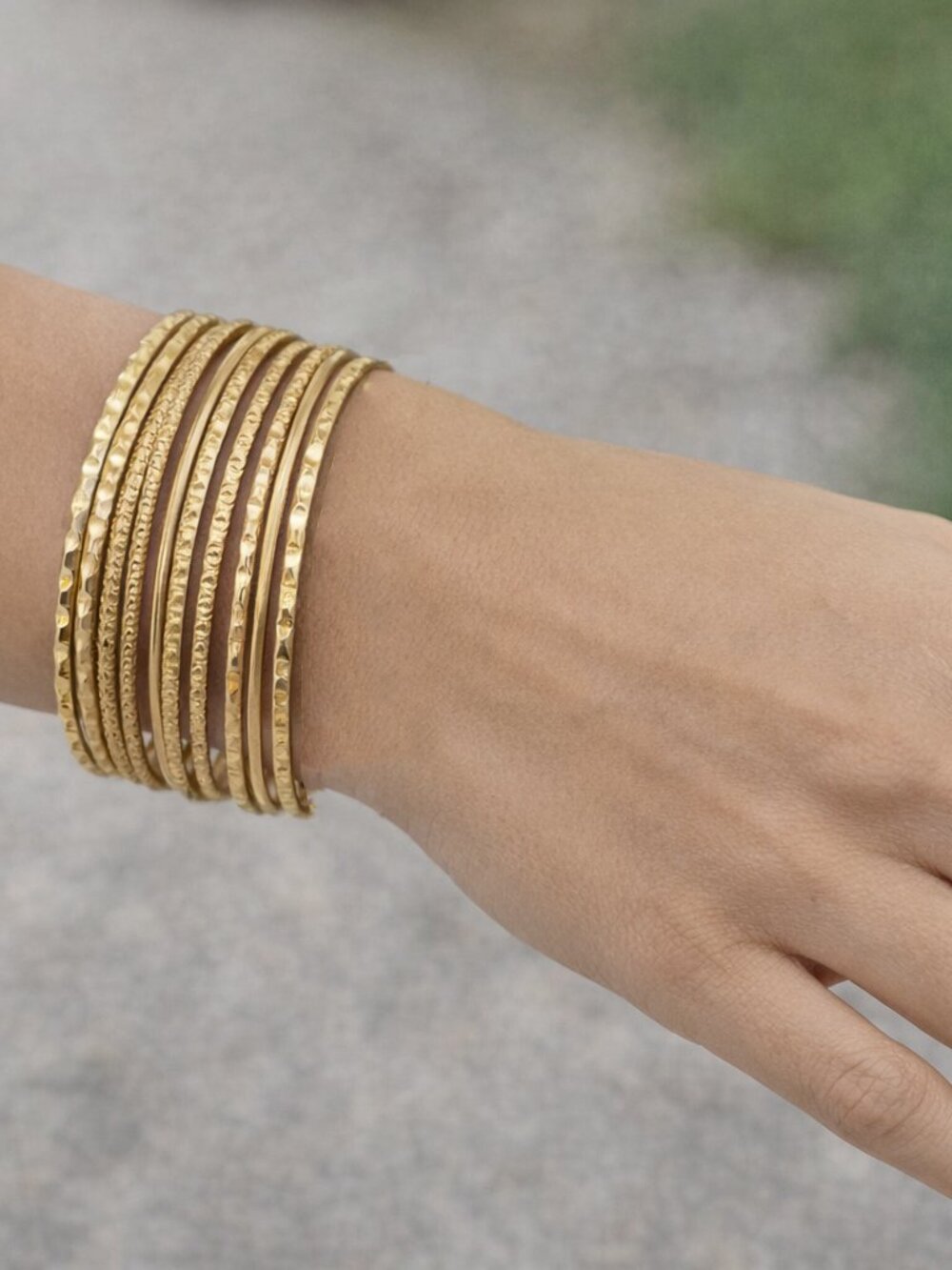 Vintage Set of 10 Bangle Bracelets -Textured & Polished Gold Tone Slender
